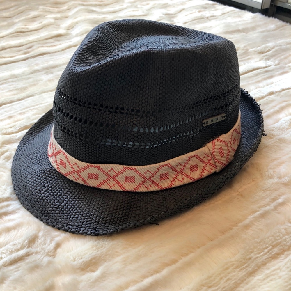 Roxy Black Straw Fedora Hat with Western Detail